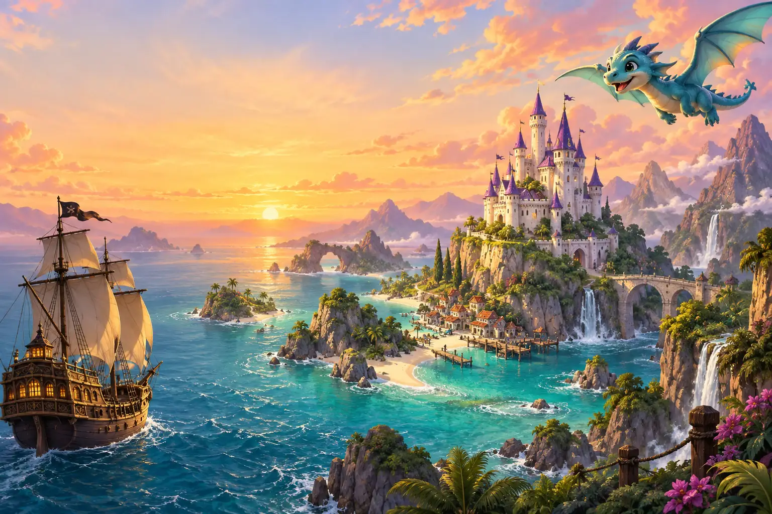 Un archipel fantastique avec un château, un bateau pirate et un dragon amical